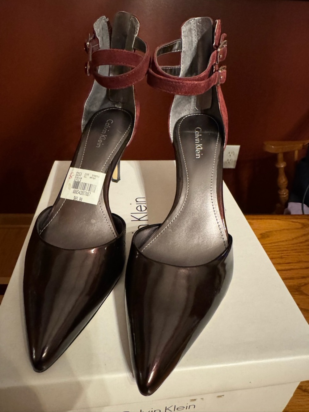 Calvin Klein Pointed Toe Two-Strap Ankle Pumps in Deep Burgundy